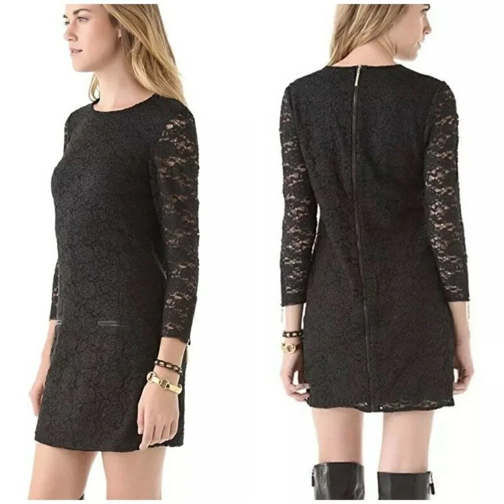 $298 Juicy Couture Sz XS Black Lace Mini Dress Faux Leather Trim Shift Sheath